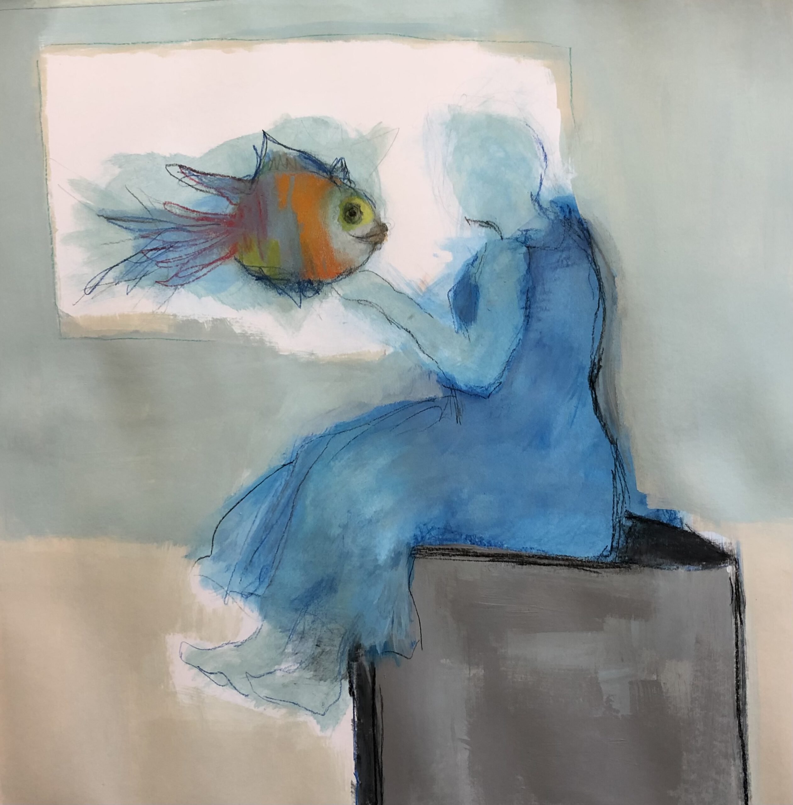 Unverhoffter Besuch, 2022 , Mischtechnik auf Papier 40x40 mit Rahmen 440 €